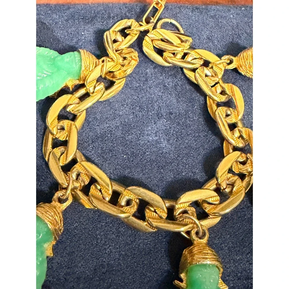 Vintage Goldtone Charm Bracelet w/ 5 Peking Glass Jade Green Buddha Charms